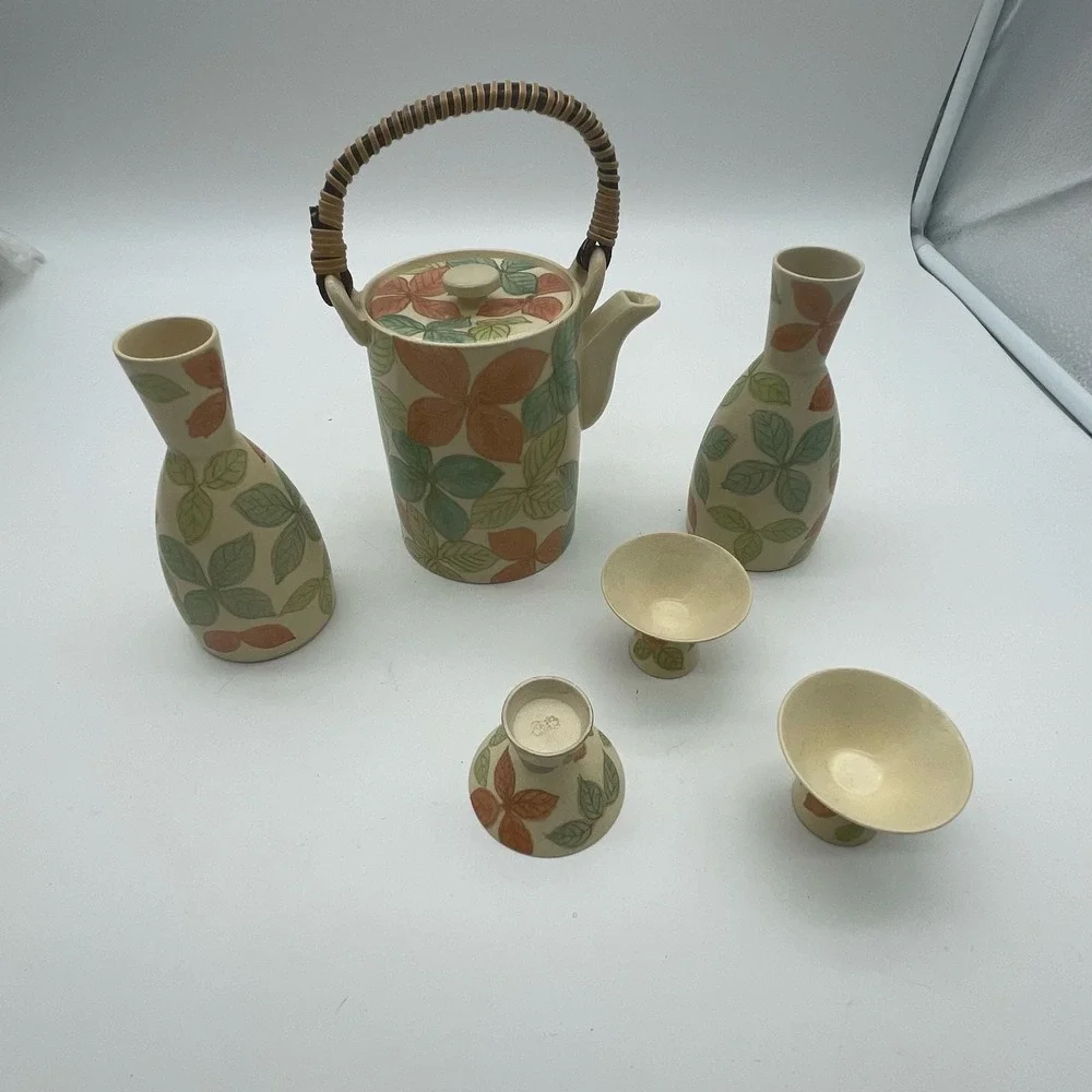 Vintage Otagiri Japanese Sake Tea Set Hand Painted Floral Leaf 6-Piece Ceramic